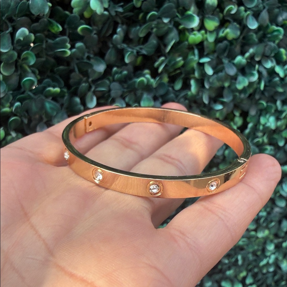 Crystal Accent Rose Gold Hinged Bangle Bracelet